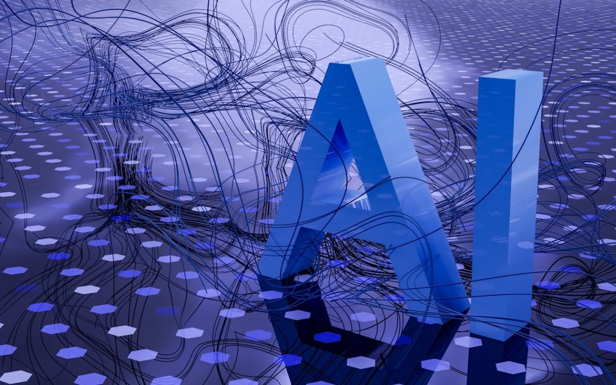 A three-dimensional AI logo tangled in cables