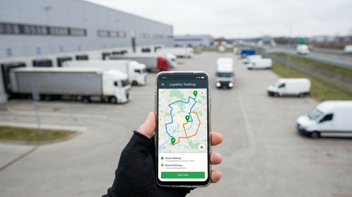 SwiftHaul Logistics fleet tracking app with live map on a phone