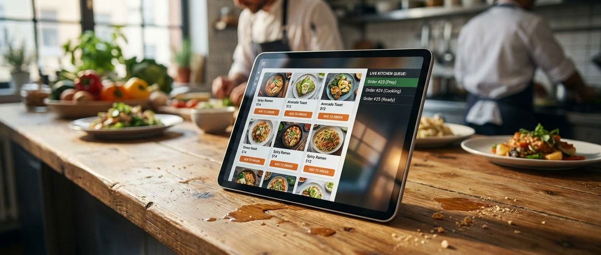 UrbanPlate multi-outlet food ordering app with menu and kitchen queue